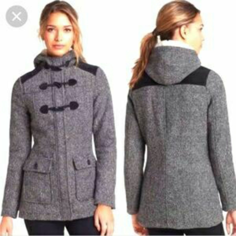 Prana Megan Women Black Tweed Wool Blend Sherpa Hood Toggle Buttons Jacket Sz:L